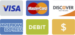 An image of our payment methods. We accept Visa, Mastercard, Discover, American Express, Debit, and cash.